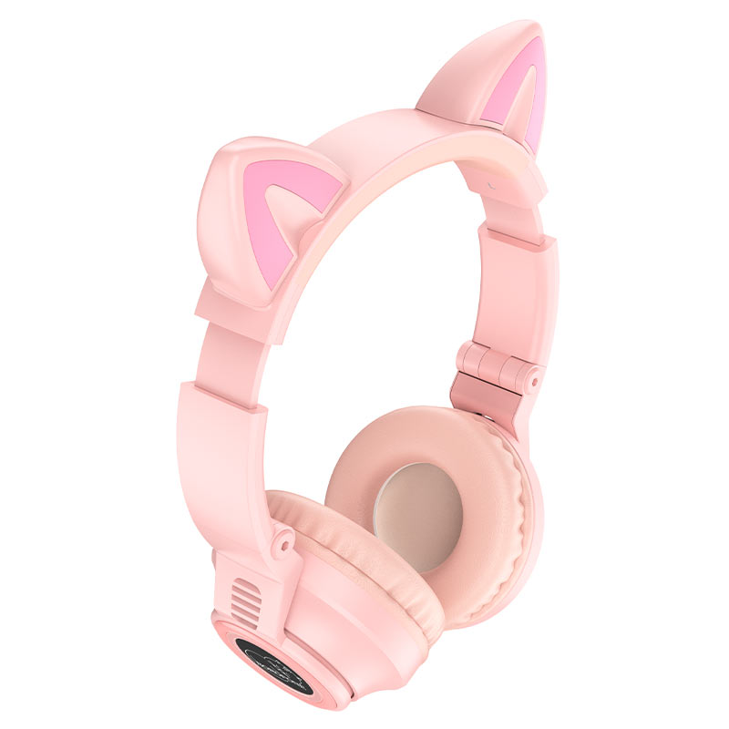 Наушники беспроводные с микрофоном Bluetooth 5.0, BO18 CAT,розовые, светящиеся ушки "Borofone" 1