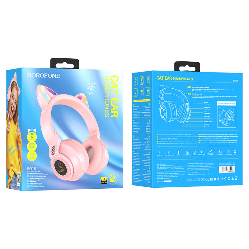 Наушники беспроводные с микрофоном Bluetooth 5.0, BO18 CAT,розовые, светящиеся ушки "Borofone" 2