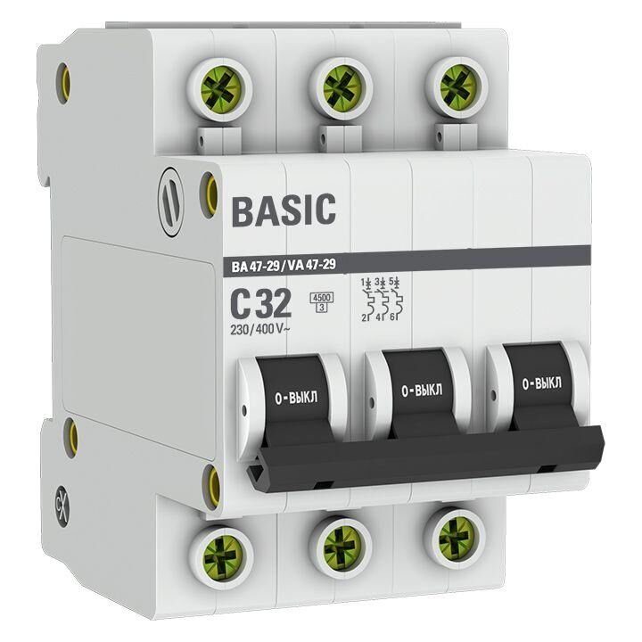 Выключатель автоматический модульный 3п C 32 А 4.5кА ВА 47-29 Basic EKF mcb4729-3-32C