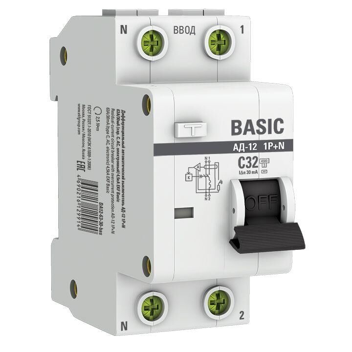 Выключатель автоматический дифференциального тока 2п (1P + N) C 32А 30мА тип AC 4.5кА АД-12 Basic EKF DA12-32-30-bas