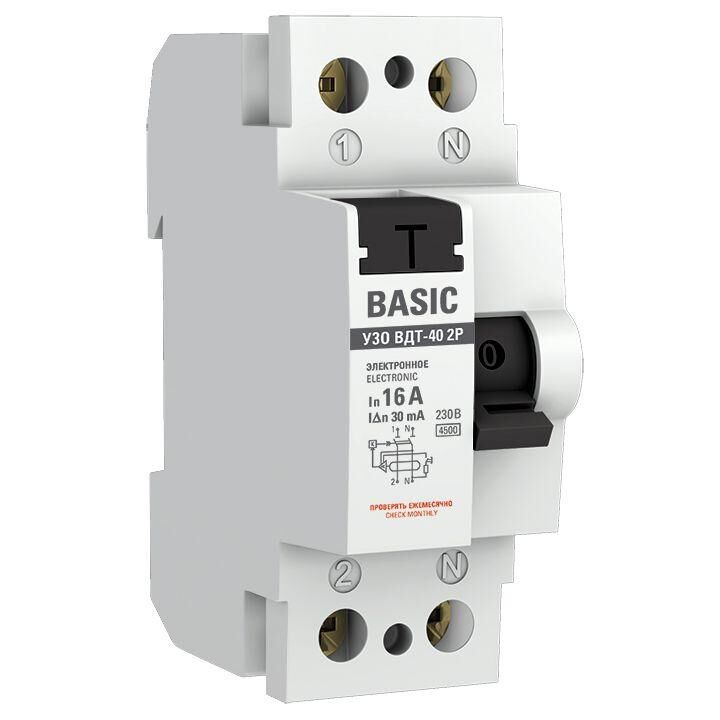 Выключатель дифференциального тока (УЗО) 2п 16А 30мА тип AC Basic электронный EKF elcb-2-16-30e-sim