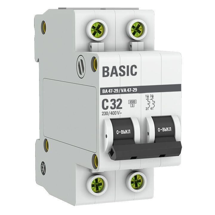 Выключатель автоматический модульный 2п C 32 А 4.5кА ВА 47-29 Basic EKF mcb4729-2-32C
