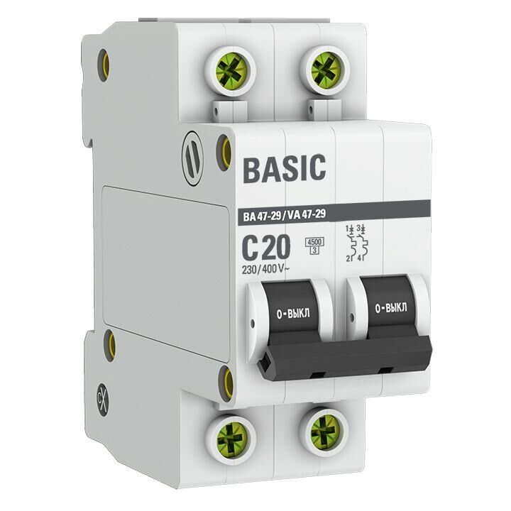 Выключатель автоматический модульный 2п C 20 А 4.5кА ВА 47-29 Basic EKF mcb4729-2-20C
