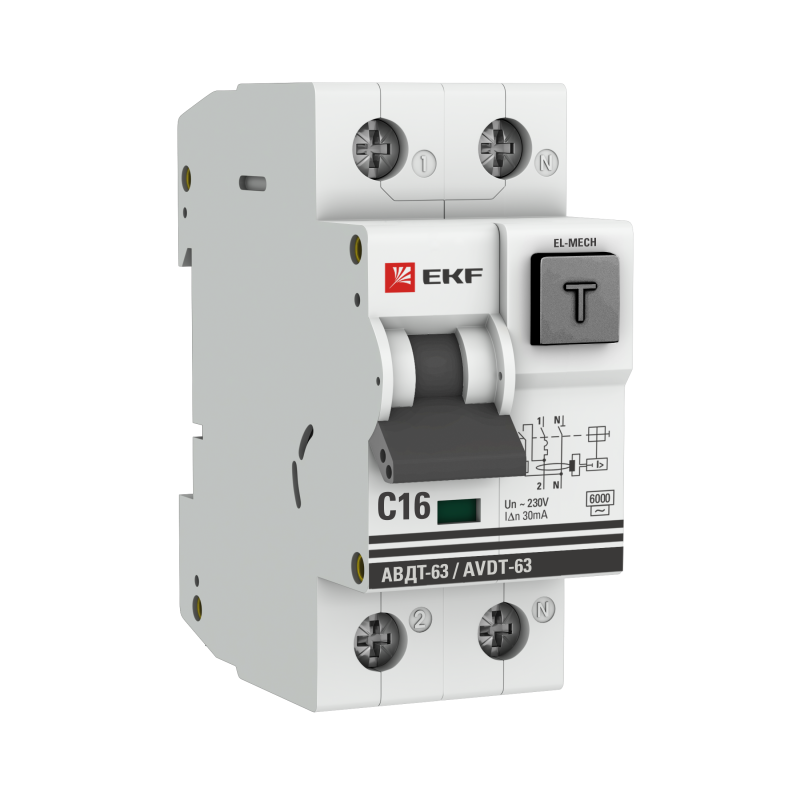 Выключатель автоматический дифференциального тока 16А 30мА тип AC 6кА АВДТ-63 электромеханизм PROxima EKF DA63-16-30-AC