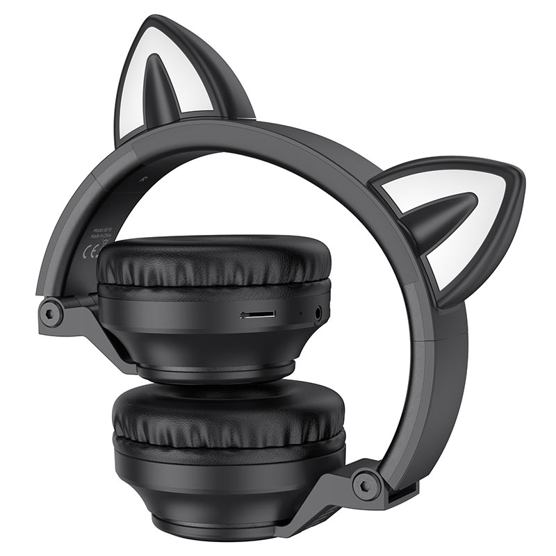 Наушники беспроводные с микрофоном Bluetooth 5.0, BO18 CAT,черный, светящиеся ушки "Borofone" 2