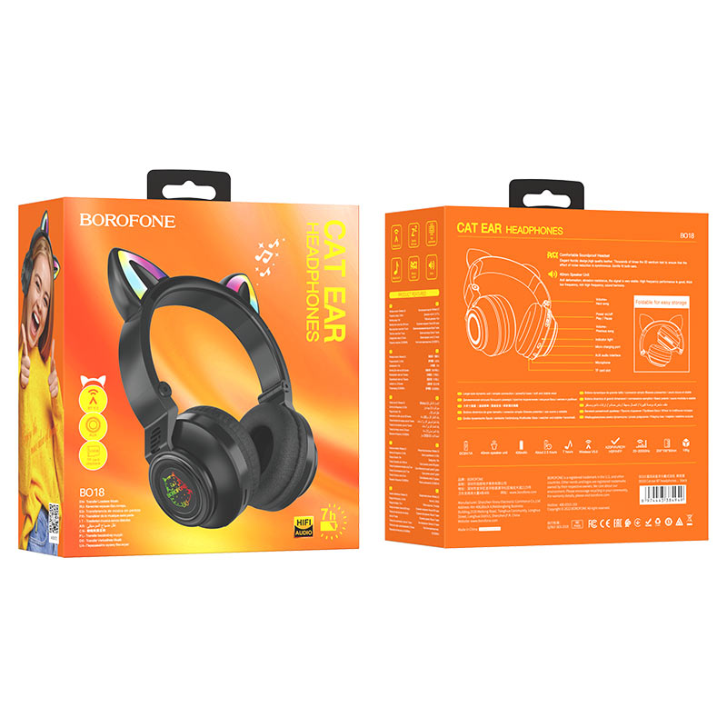 Наушники беспроводные с микрофоном Bluetooth 5.0, BO18 CAT,черный, светящиеся ушки "Borofone" 4