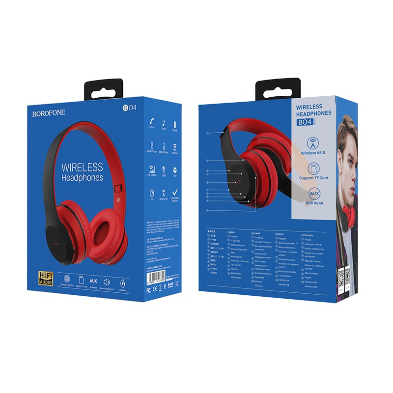 Наушники беспроводные с микрофоном Bluetooth 5.0, BO4 красный "Borofone" 2