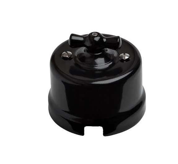 Выключатель проходной поворотный 1-клавишный ОП Лизетта 10А IP20 ретро 2 положения керамика цвет черный Bironi B1-201-03