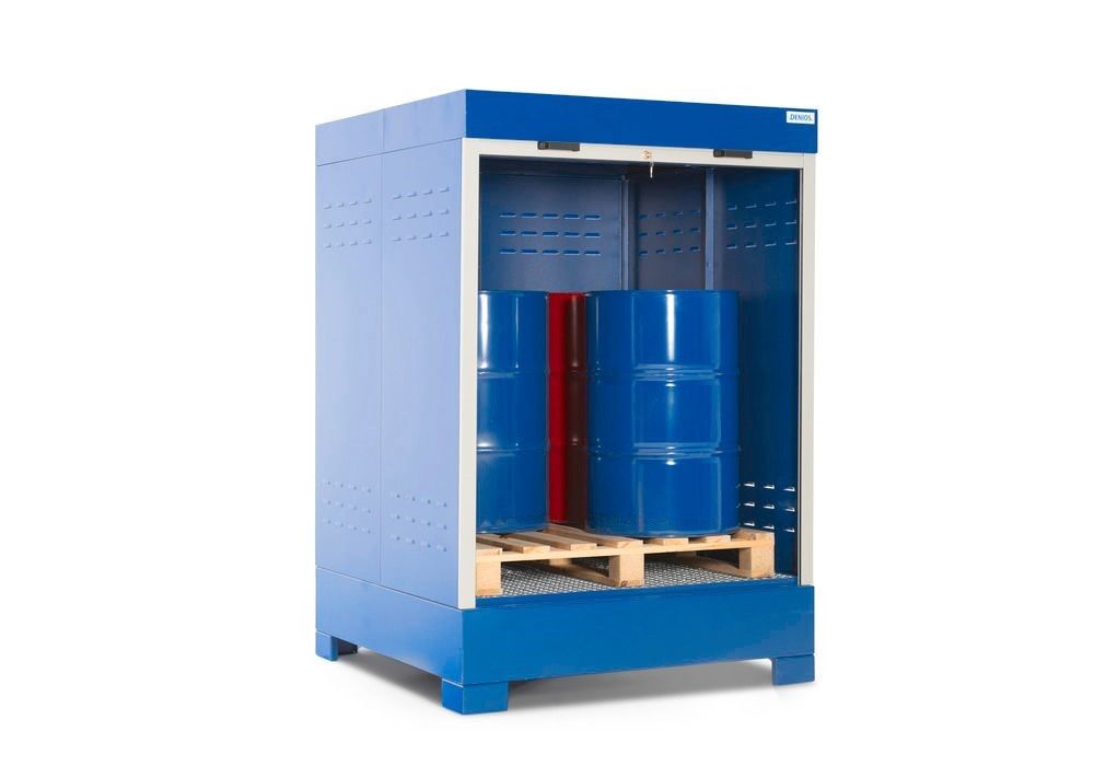 Шкаф SteelSafe D4 со сточным поддоном 500 л с рольставнями для 4 х 205 л бочек с опасными веществами