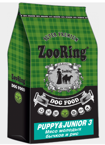 Корм для собак 10кг, ЗооРинг Puppy &Junior3, Мясо молодых бычков-рис