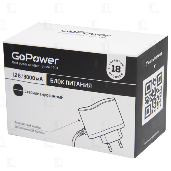 Блок питания импульсный 12,0В, 3,0А, 36Вт (шт.2,5х5,5мм.,в розетку) "GoPower" 1