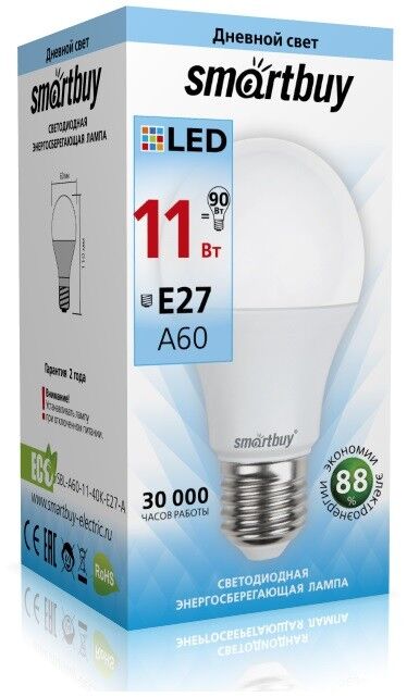 Лампа светодиодная Smartbuy A60, 11Вт, 4000К, Е27, 880 Lm