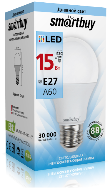 Лампа светодиодная Smartbuy A60, 15Вт, 4000К, Е27, 1200 Lm