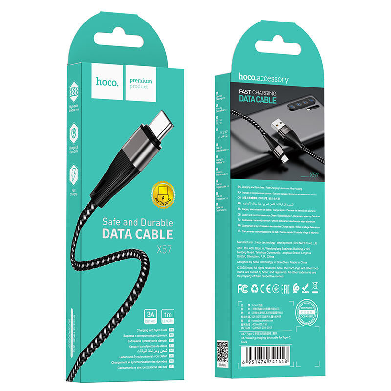 USB кабель шт.USB (A) - шт.Type-C "Hoco" X57 нейлоновый 3.0A, 1м, чёрный