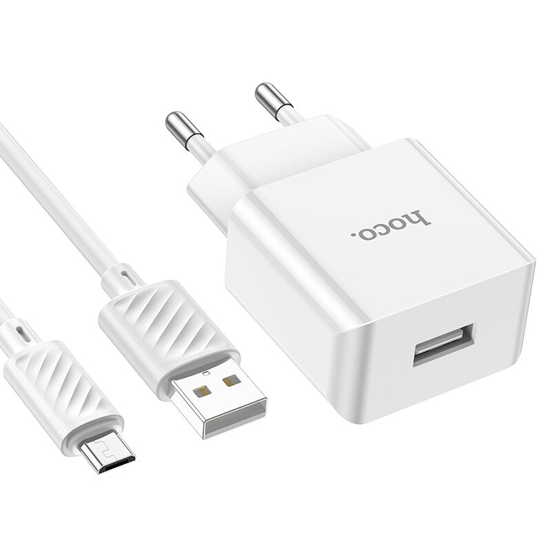 Адаптер постоянного тока Hoco C106A, 1гн.USB 5В,2,1А + кабель micro USB, белый 4