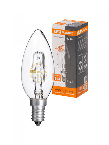 Лампа галогенная "Свеча" прозрачная 42 Вт-230 В-Е14 TDM ELECTRIC