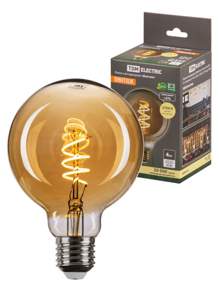 Лампа светодиодная «Винтаж» золотистая G95 (со спиралью), 4 Вт, 230 В, 2700 К, E27 (шар) TDM ELECTRIC