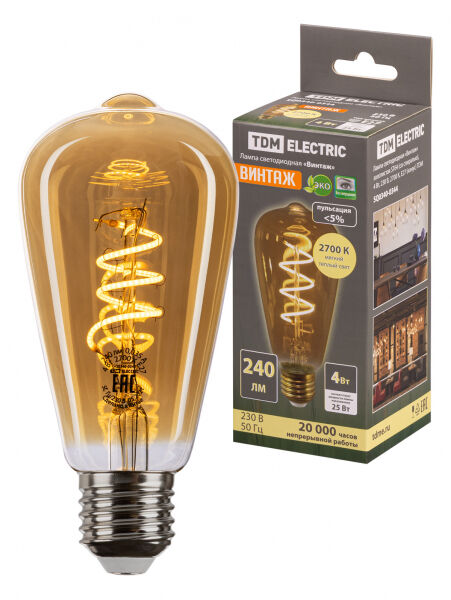 Лампа светодиодная «Винтаж» золотистая ST64 (со спиралью), 4 Вт, 230 В, 2700 К, E27 (конус) TDM ELECTRIC