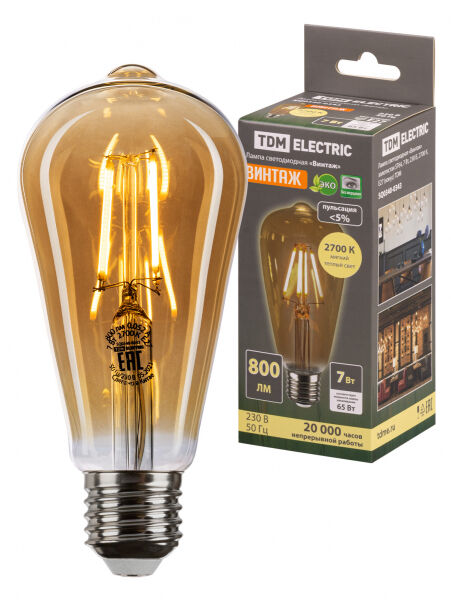 Лампа светодиодная «Винтаж» золотистая ST64, 7 Вт, 230 В, 2700 К, E27 (конус) TDM ELECTRIC