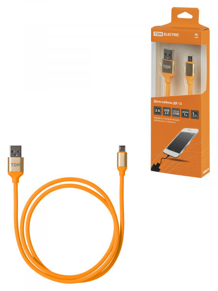 Дата-кабель, ДК 13, USB - micro USB, 1 м, силиконовая оплетка, оранжевый, TDM ELECTRIC