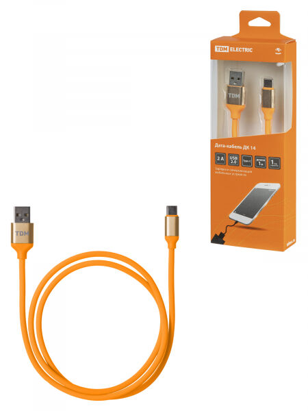 Дата-кабель, ДК 14, USB - USB Type-C, 1 м, силиконовая оплетка, оранжевый, TDM ELECTRIC
