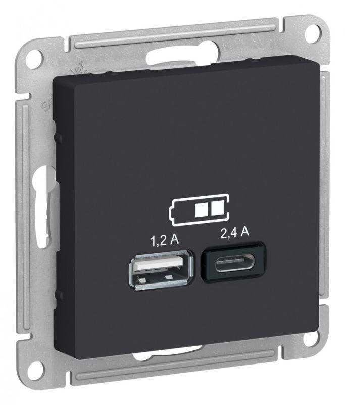 Розетка USB AtlasDesign тип A+C 5В/2.4А 2х5В/1.2А механизм карбон SE ATN001039 Systeme Electric