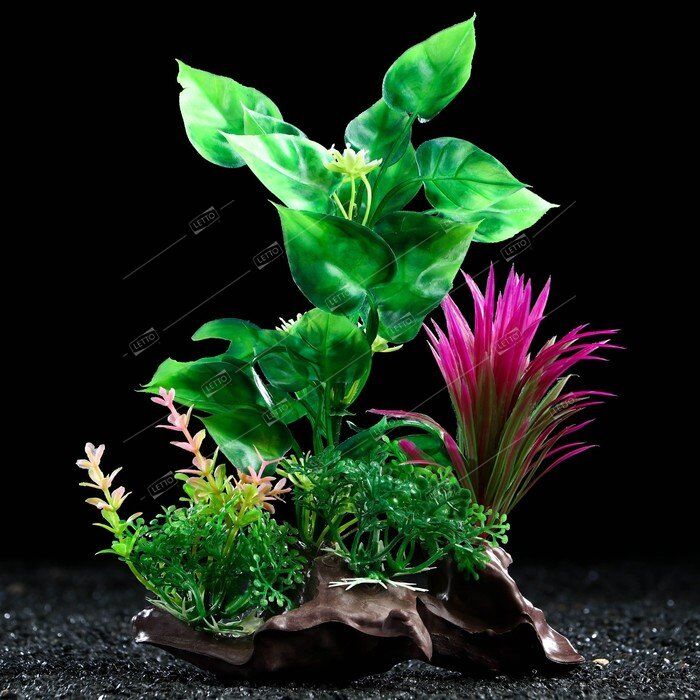 Растение искусственное аквариум. на платформе в виде коряги 18см, зелёно-роз (2), Пижон Аква 7524026