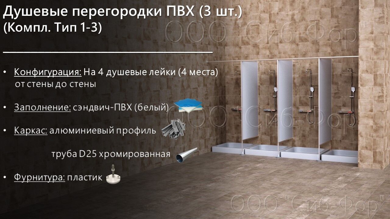 Сантехнические перегородки. Душевые перегородки ПВХ. (3 шт.) (Компл. Тип  1-3), цена в Новосибирске от компании СИБ-ФОР