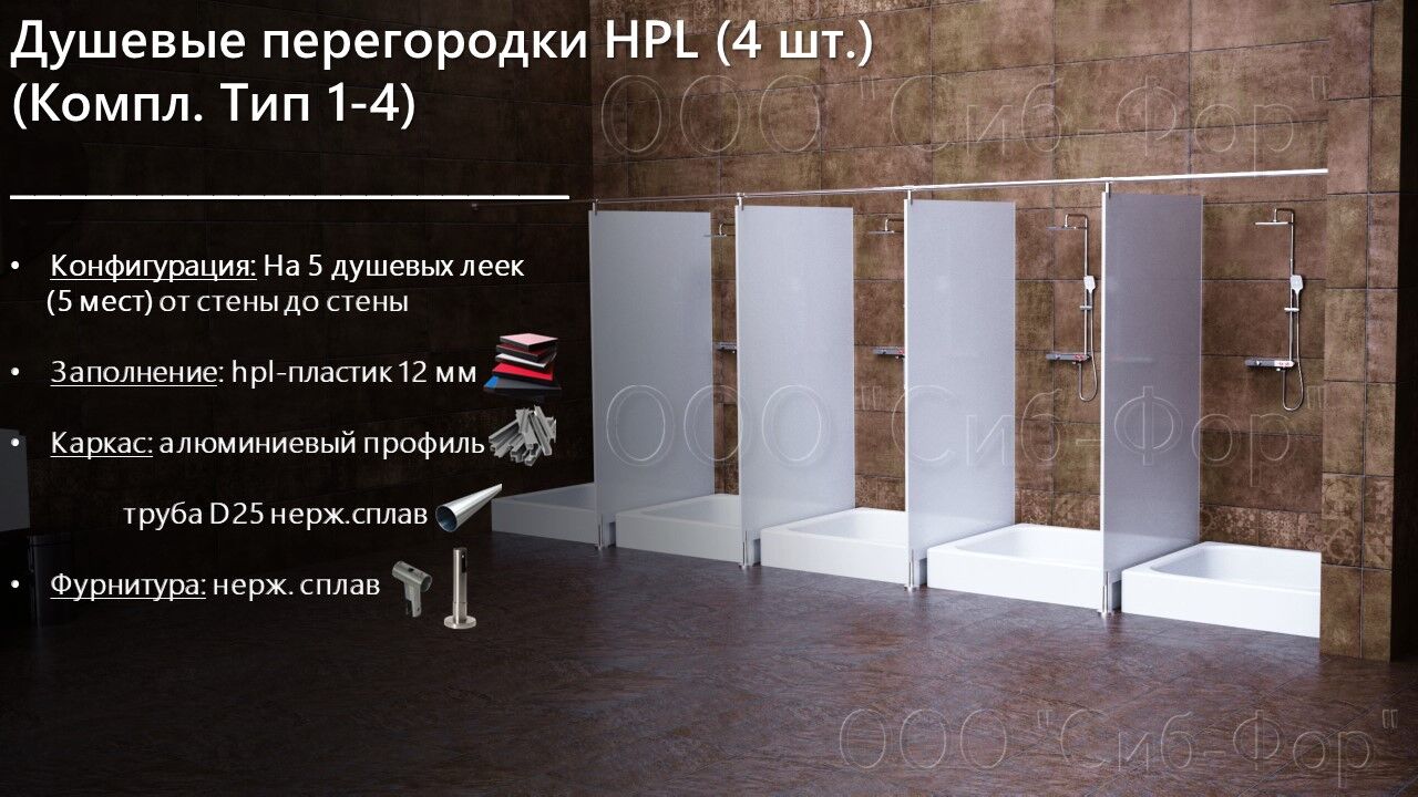 Сантехнические перегородки. Душевые перегородки HPL. (4 шт.) (Компл. Тип  1-4), цена в Новосибирске от компании СИБ-ФОР