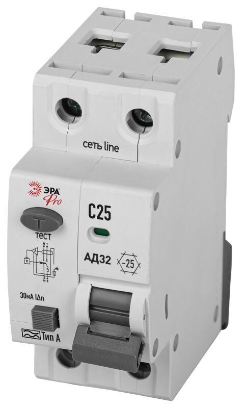 Выключатель автоматический дифференциального тока 1P+N C25 30мА тип А АВДТ 4.5кА PRO D32E2C25А30 АД32 электронное Эра Б0